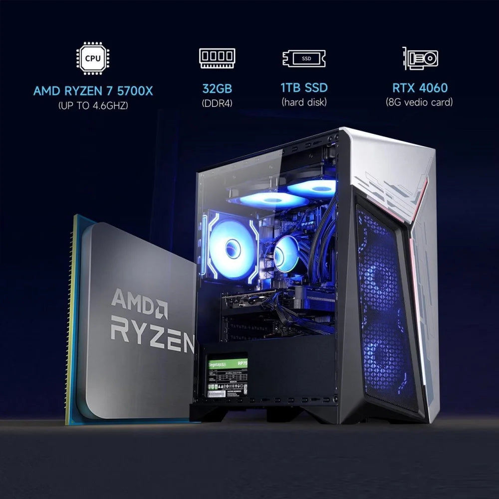 Gaming Desktop PC, AMD Ryzen 7 9700X, NVIDIA RTX 5060 8G , 32GB Ddr5, 1TB SSD, Windows 11 Home