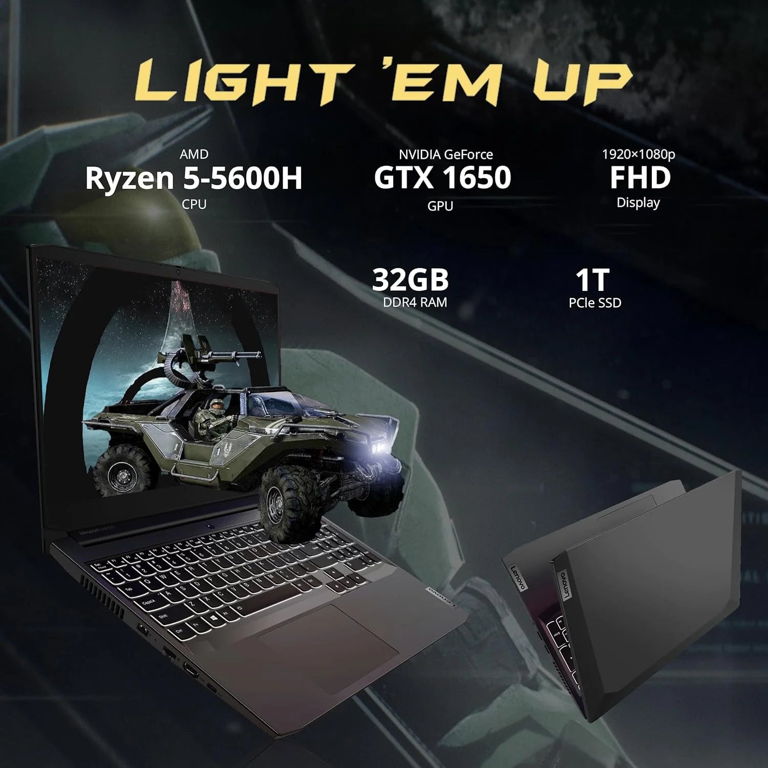 Ideapad Gaming 3 Gaming Laptop, 15.6" FHD 120Hz Display, AMD Ryzen 5 5600H, NVIDIA Geforce GTX 1650 4GB, DDR4 32GB RAM, 1TB SSD, RGB KB, Wi-Fi 5, Bluetooth, Black, Win 11 Pro, 32GB USB Card