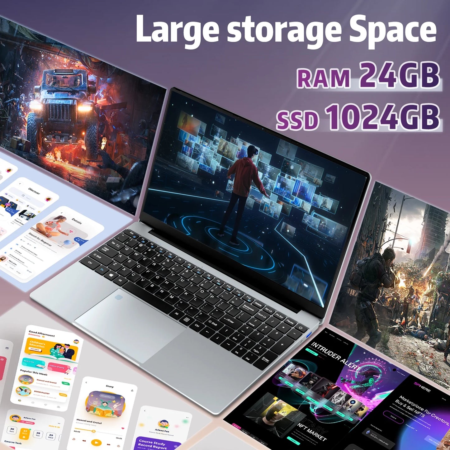 Gaming Laptop N5095, 15.6 Inch Laptop Computer, Laptops 24GB RAM 1TB Ssd,Laptops Gamer 180 Angle Opening, Fingerprint Unlock Backlit Keyboard 1920X1080 FHD IPS Wifi 5 for Student Business Work
