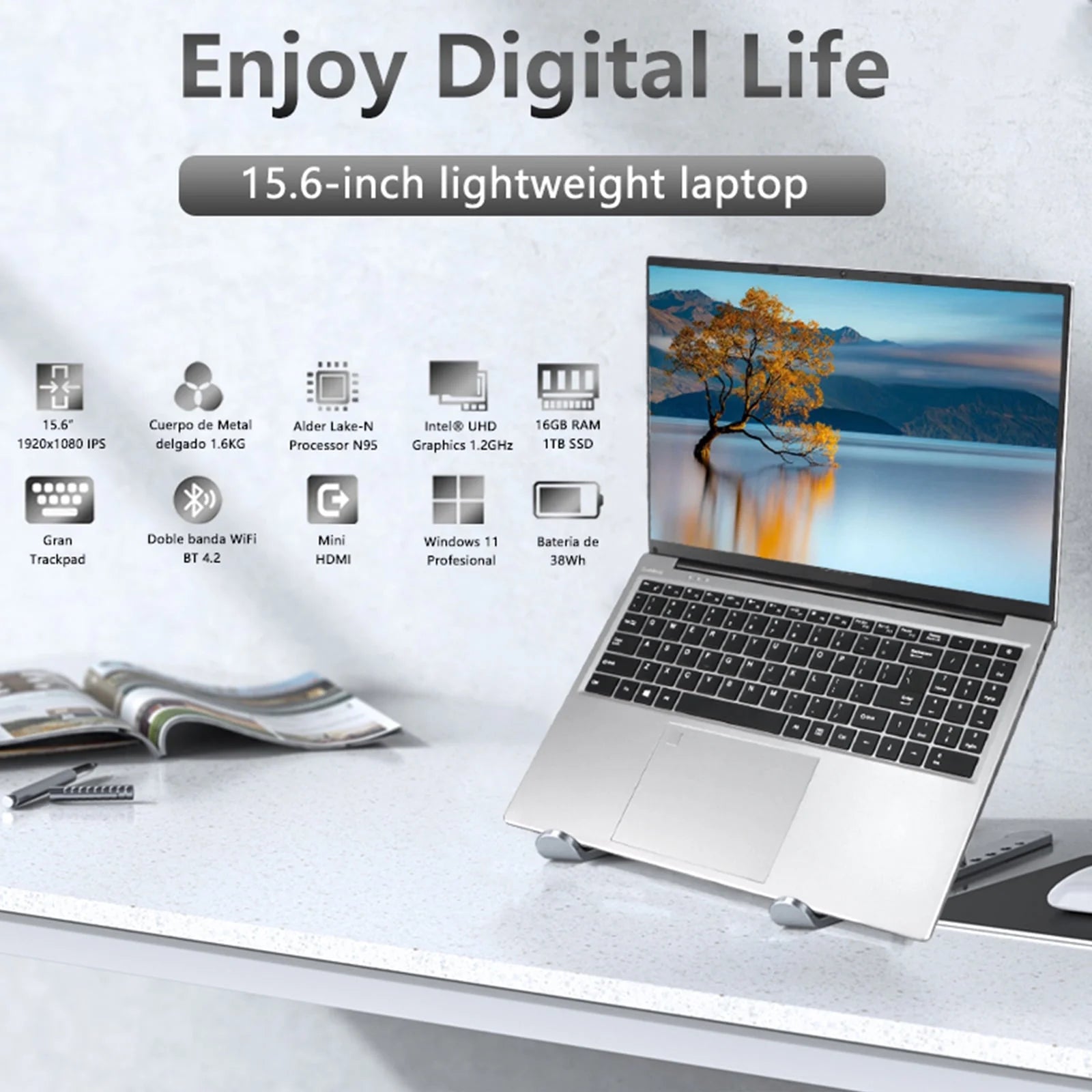 Gaming Laptop,15.6 Inch FHD IPS 1920*1080 Laptop Computer, Laptops 12Th Gen N95 Processor (Up to 3.4Ghz) , 16GB 1TB SSD, Supports 180 Angle Opening Backlit Keyboard Fingerprint Unlock Win 11 Pro